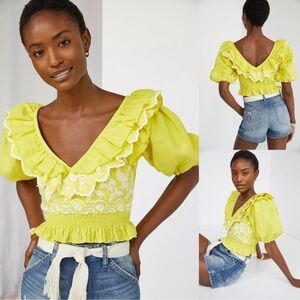Anthropologie Place Nationale Ruffled Linen
Blouse Size 2 - S Yellow Crop Top